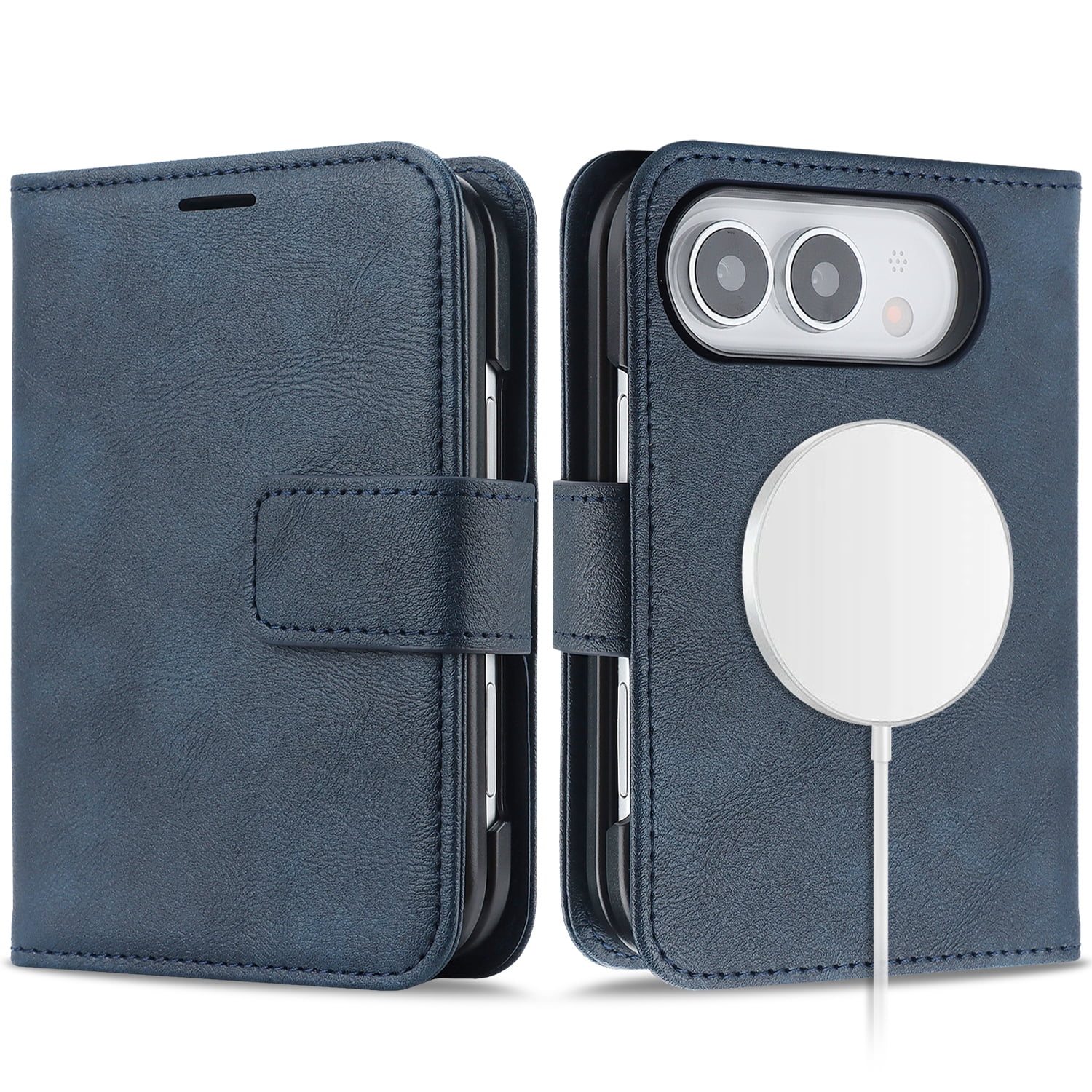 Caseny Magnetic Case for iPhone Duo with Cash Slot, Support Wireless Charging PU Leather Wallet Phone Case RFID Blocking Slim Lightweight Shockproof Protective Back Cover, Blue