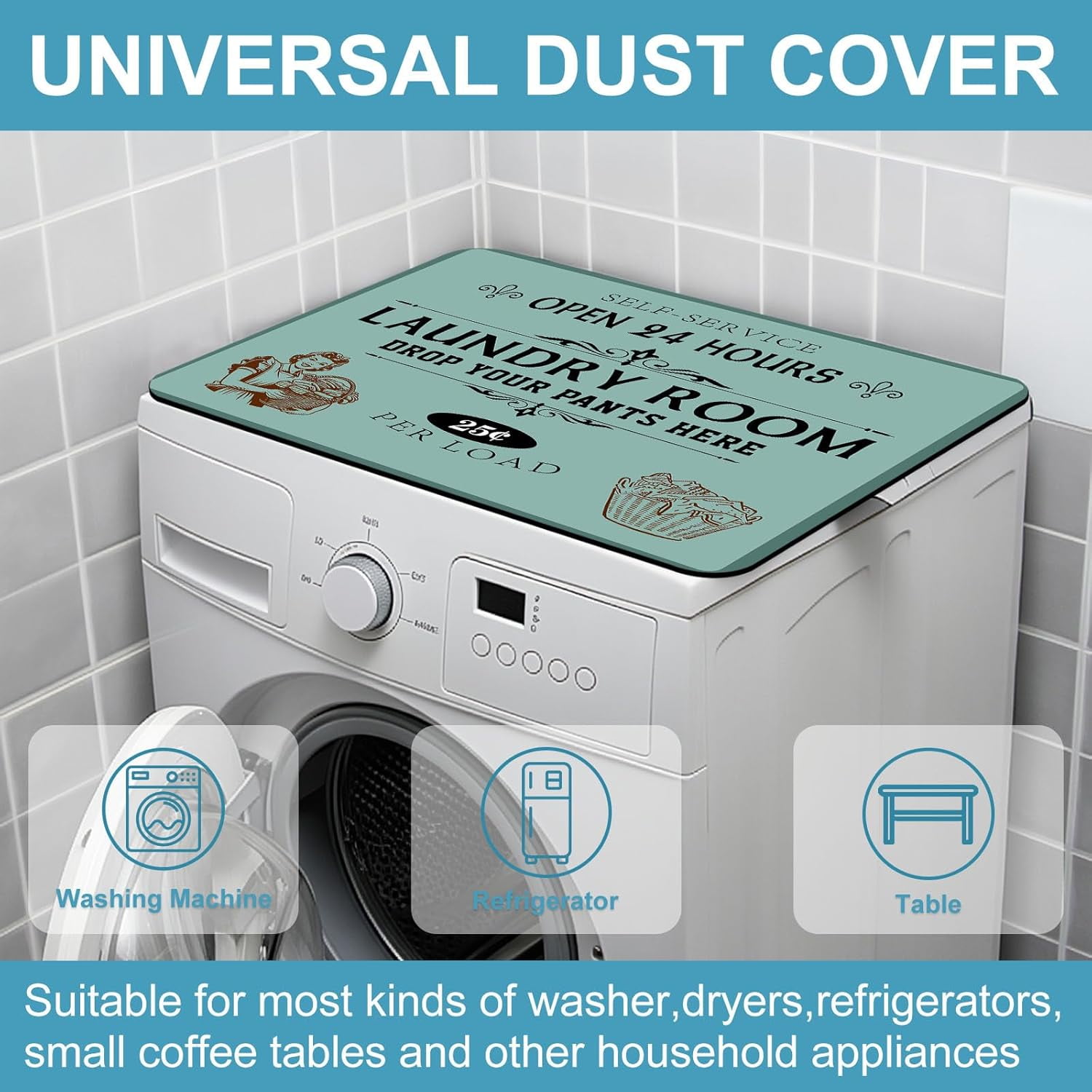 Non-Slip Washer & Dryer Top Cover Protector Mat Dust-Proof Washing Machine Cover Pad With Vintage Teal & Green Laundry Sign Design Universal 23.6"x19.7" for Laundry Room & Kitchen Decor
