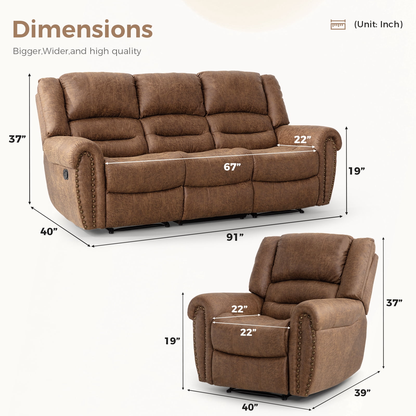Bonzy Home Reclining Chair Sofa,3 Seats Recliner Couch Sofa with Overstuffed Arms and Back Living Room Furniture Sets
