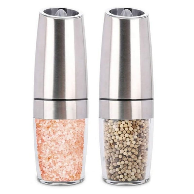 Electric Pepper Grinder, with Adjustable Coarseness Automatic Pepper Mill Grinder Battery Powered with Blue LED Light One Hand Opetated 2 pcs