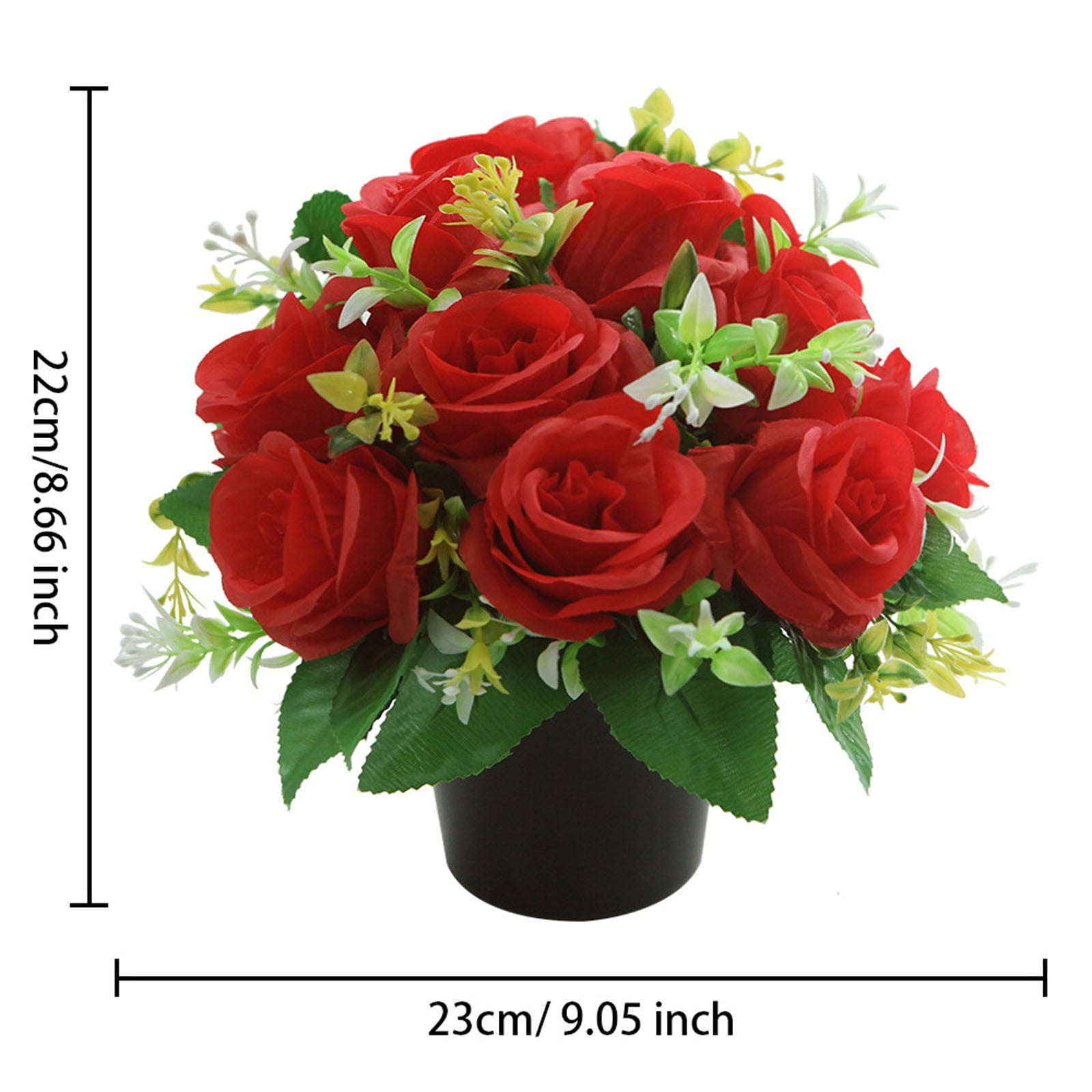 Artificial Cemetery Flowers - 2PCS Memorial Rose Bouquets with Vase - Silk Grave Flowers for Headstones - Outdoor UV Resistant Grave Decorations - Red Rose Arrangements