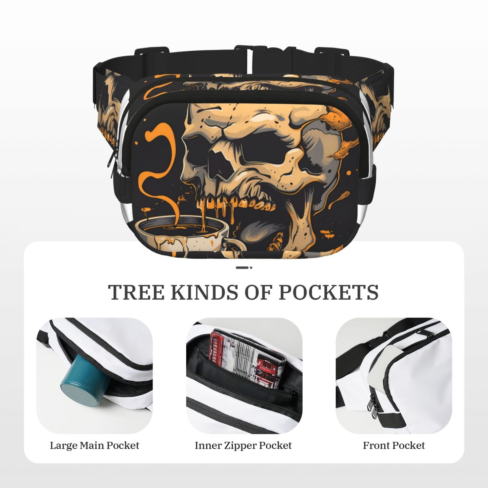 Hirioo Grim Coffee Skull for Double Layer Waist Bag Adjustable Fanny Pack For Travel Running Hiking