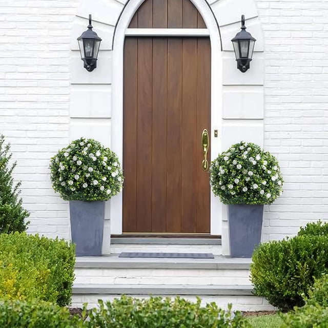 23-pulgada artificial topiary flower con ground spike (4-pack blanca)-pe fake plants con metal stakes para indoor y outdoor decor