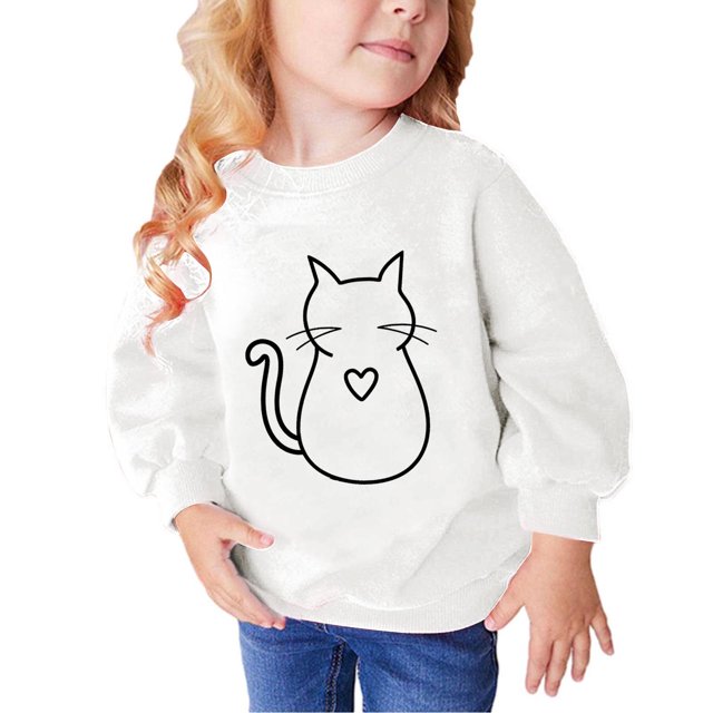 RXIRUCGD Chandails Molletonnés pour Petites et Grandes Filles, Chandail de Base en Molleton, Chandail à Capuchon Mignon Imprimé Chat, Col Rond, Manches Longues, Chandails, Hauts à Enfiler, Vêtements d'Automne et d'Hiver, Chandail Blanc-B pour Filles Taille 4-5 Ans