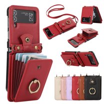 Wallet Case for Samsung Galaxy Z Flip 4, Kickstand Ring Holder Premium PU Leather Case with Crossbody Strap,Card Holder Slot Money Pocket 360°Rotation Metal Ring Grip Kickstand Cover,Red