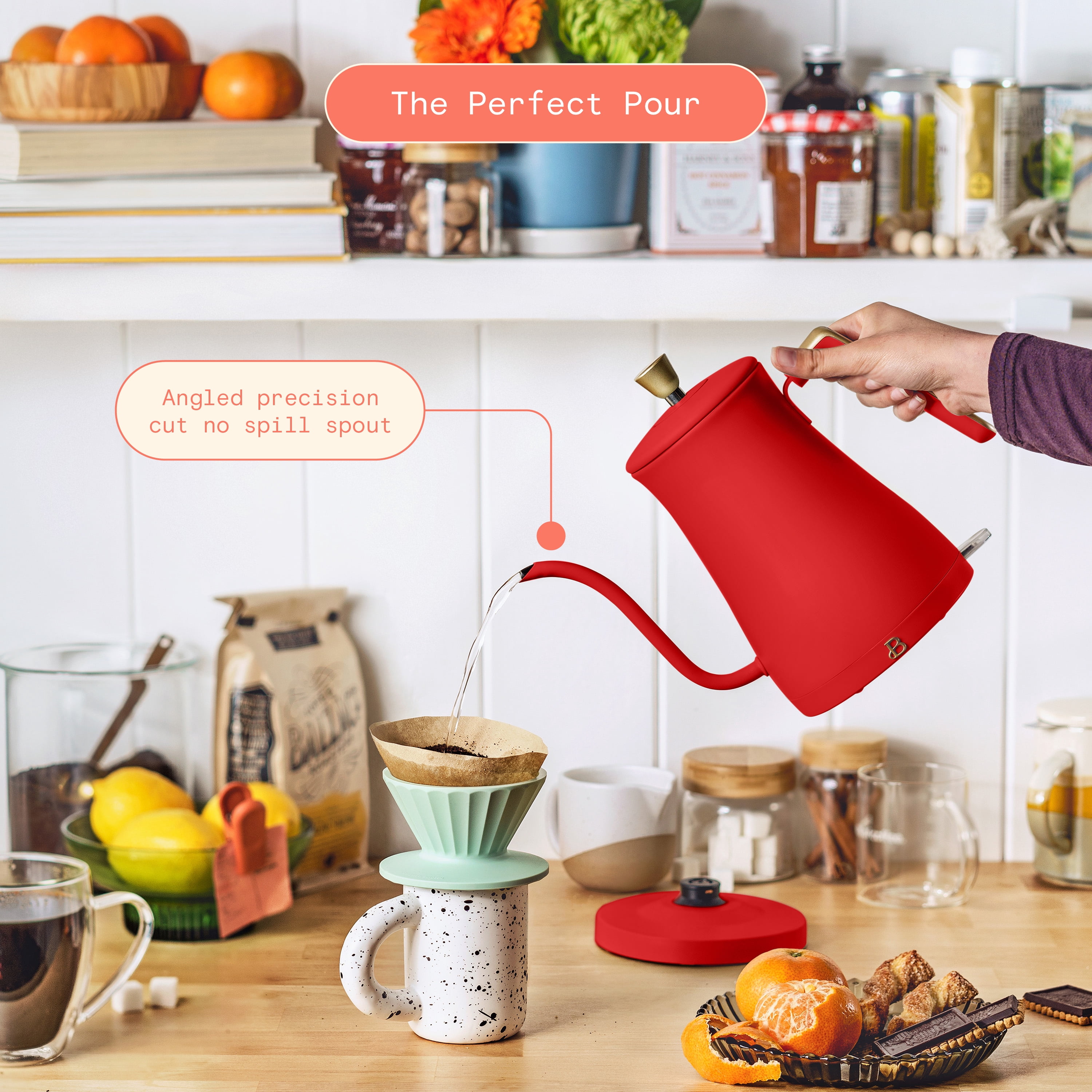 Beautiful 1-Liter Electric Gooseneck Kettle 1200 W, Tomato Red by Drew Barrymore