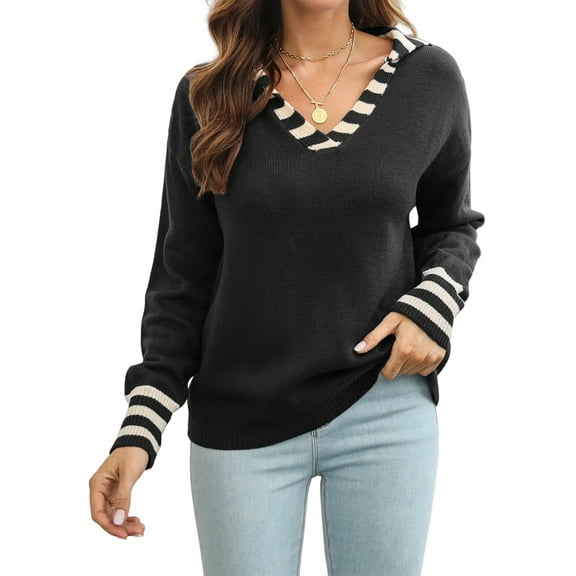 Women'S Striped Sailor Collar Cuffs V-Neck Regular Fit Knit Sweater Black L