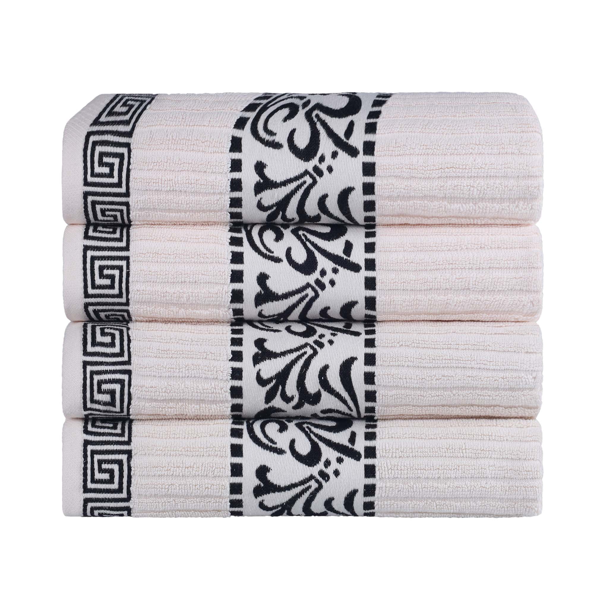 Superior Athens Cotton Greek Scroll Bath Towel Set of 4, Ivory-Black