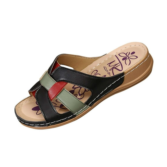 LOVZFMLL Women's Wedge Sandals Slip On Open Toe Comfort Walking Slides Outdoor Beach Vacation Summer Casual Footwear Black 6