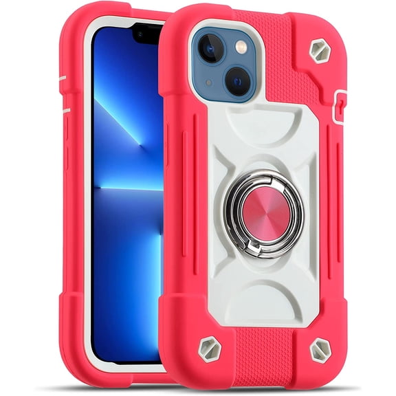 KOMI Compatible with iPhone 16 Case 6.1 Inch with Built-in 360°Rotating Ring Stand, Military Grade Drop Protection Full Body Rugged Heavy Duty Protective Cover Hot Pink