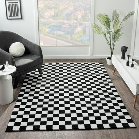 Luxe Weavers Geometric Checkered Black and White Area Rug 5x7  Modern Stain Resistant Carpet