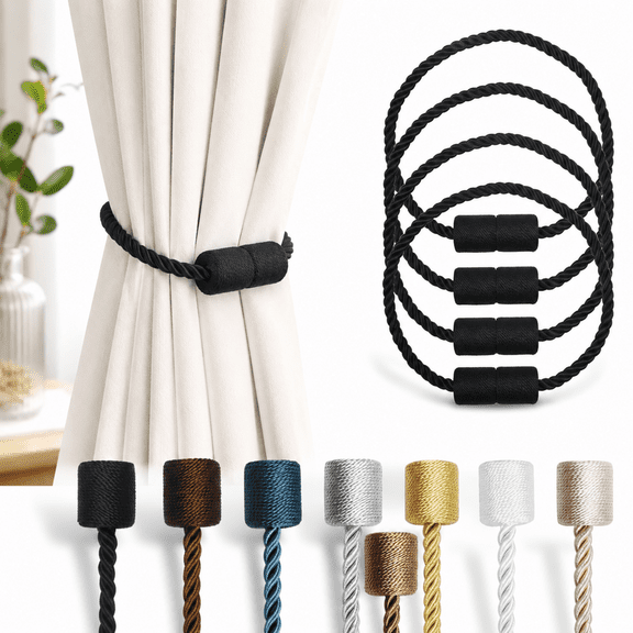 Curtain Tiebacks, 4-Pack Black Magnetic Rope Holdbacks for Window Drapes and Shower Curtains