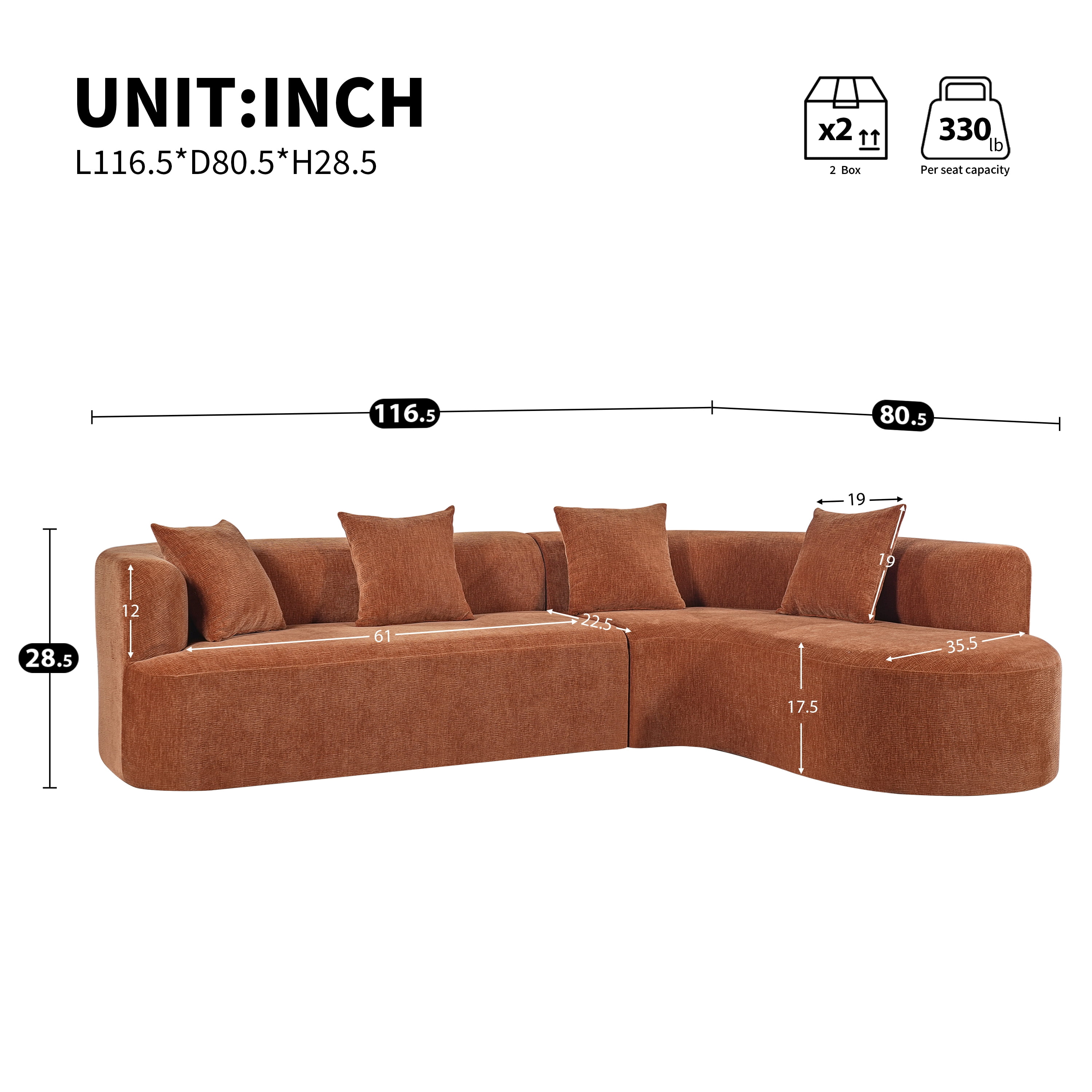 GARITIN Curved Cloud Couch 116.5 Inch, Oversized L Shaped Chenille Sectional Sofa with High Resilience Foam for Living Room, Orange