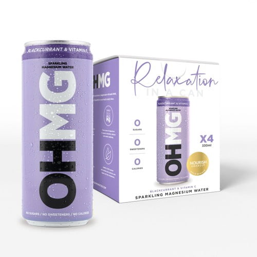 OHMG Blackcurrant sparkling magnesium water 4 x 330ml, British Import (Pack of 2)