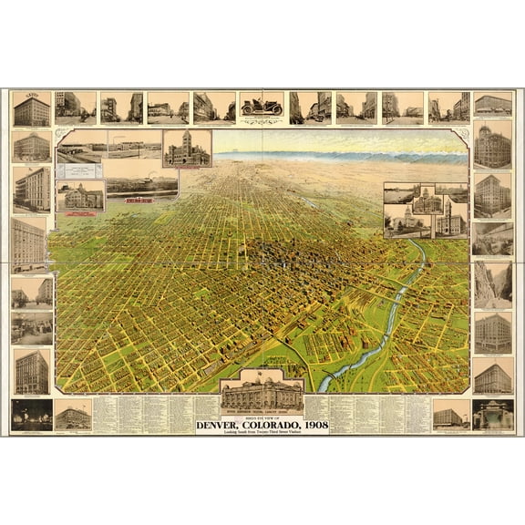24"x36" Gallery Poster, birdseye view map of Denver, Colorado, 1908