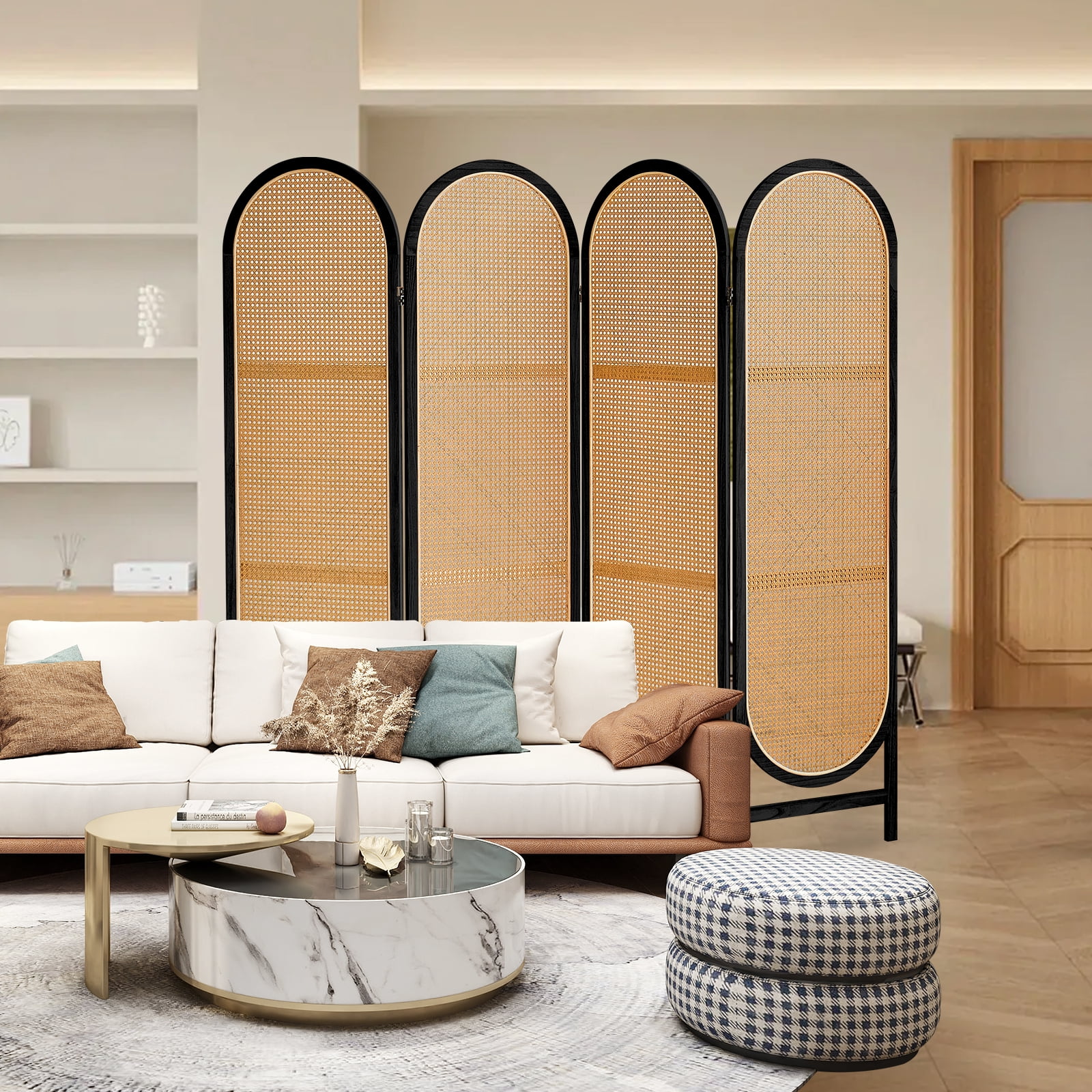ALeesing 4 Panel Rattan Room Dividers, Folding Privacy Screens, No Installation Required, Black