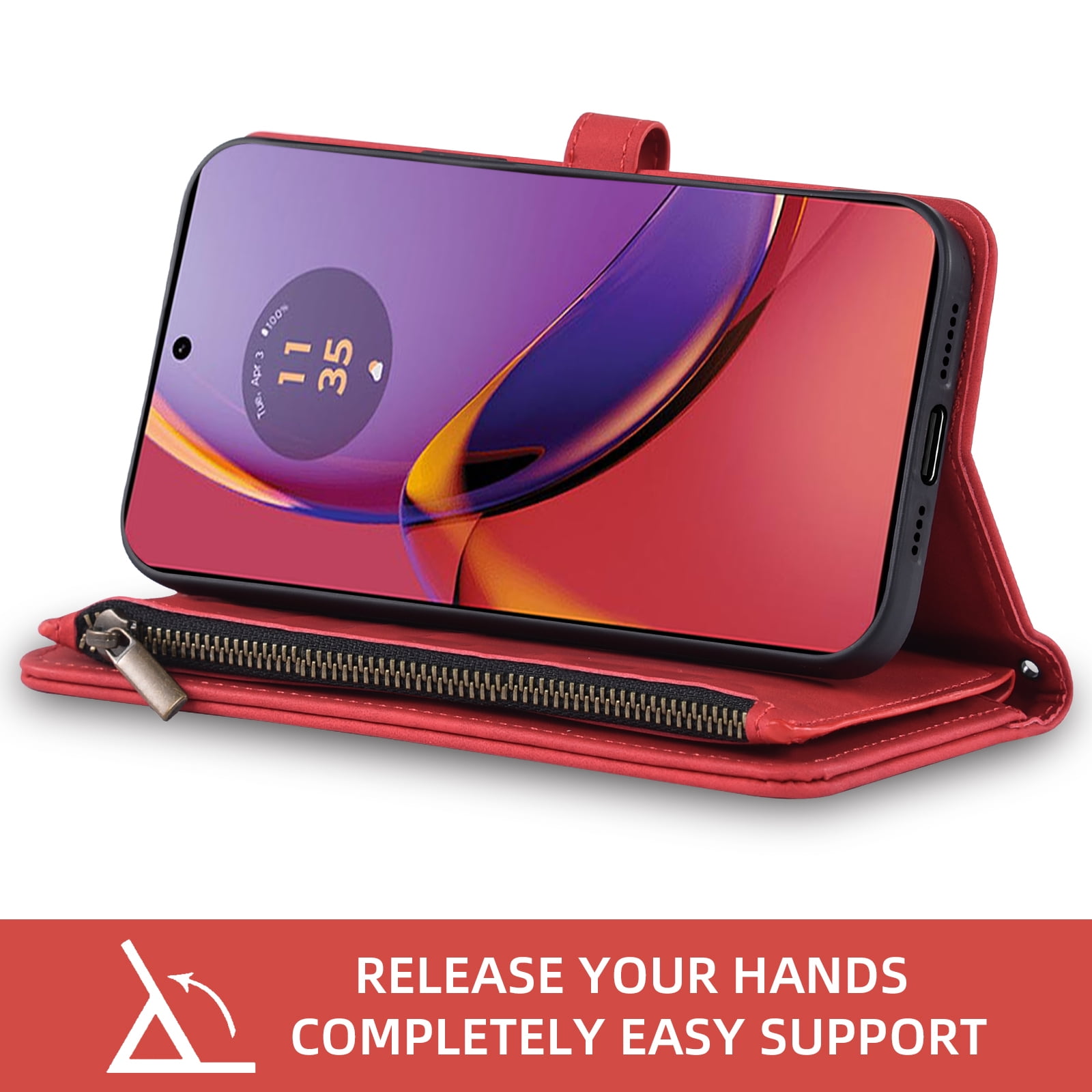 Asuwish Phone Case for Motorola Moto G84 5G Wallet Cover With Tempered Glass Screen Protector Crossbody Wrist Strap Flip Pattern Zipper Credit Card Holder Stand Slot Cell G 84 2023 Women Men Red