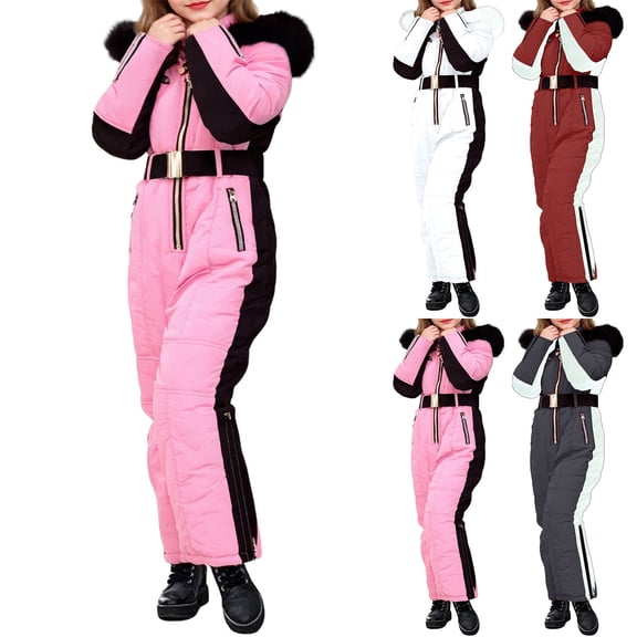 Blekii Girls Ski Jumpsuit Removable Collar, Girls Ski Jumpsuit, Removable Collar Winter Snowsuit for Outdoor Sports, Warm One-Piece with Belt Winter Snowsuit Outdoor Sports Skiing, Snowboarding,