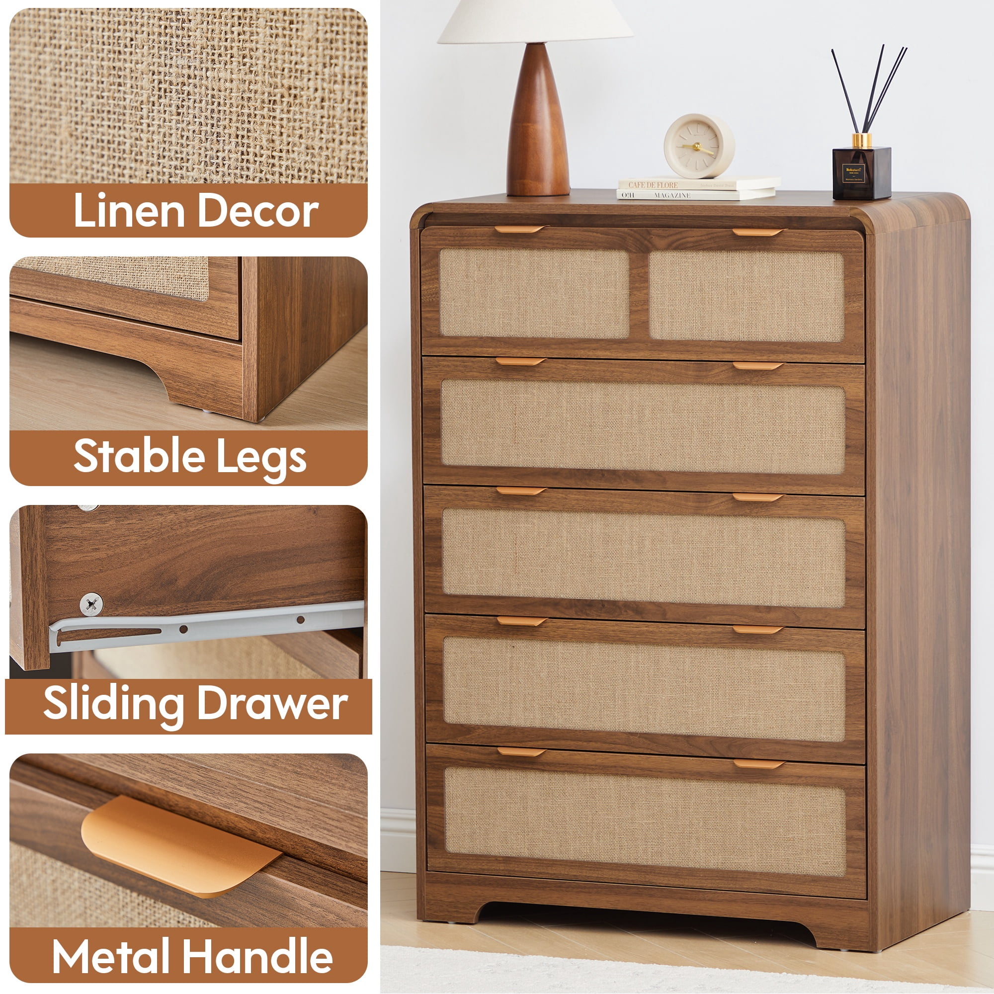 Wirrytor 5 Drawer Tall Rattan Bedroom Dresser, Boho Chest with Chest of Drawers with Curved Edge, Wood Closet Storage Organizer, Walnut