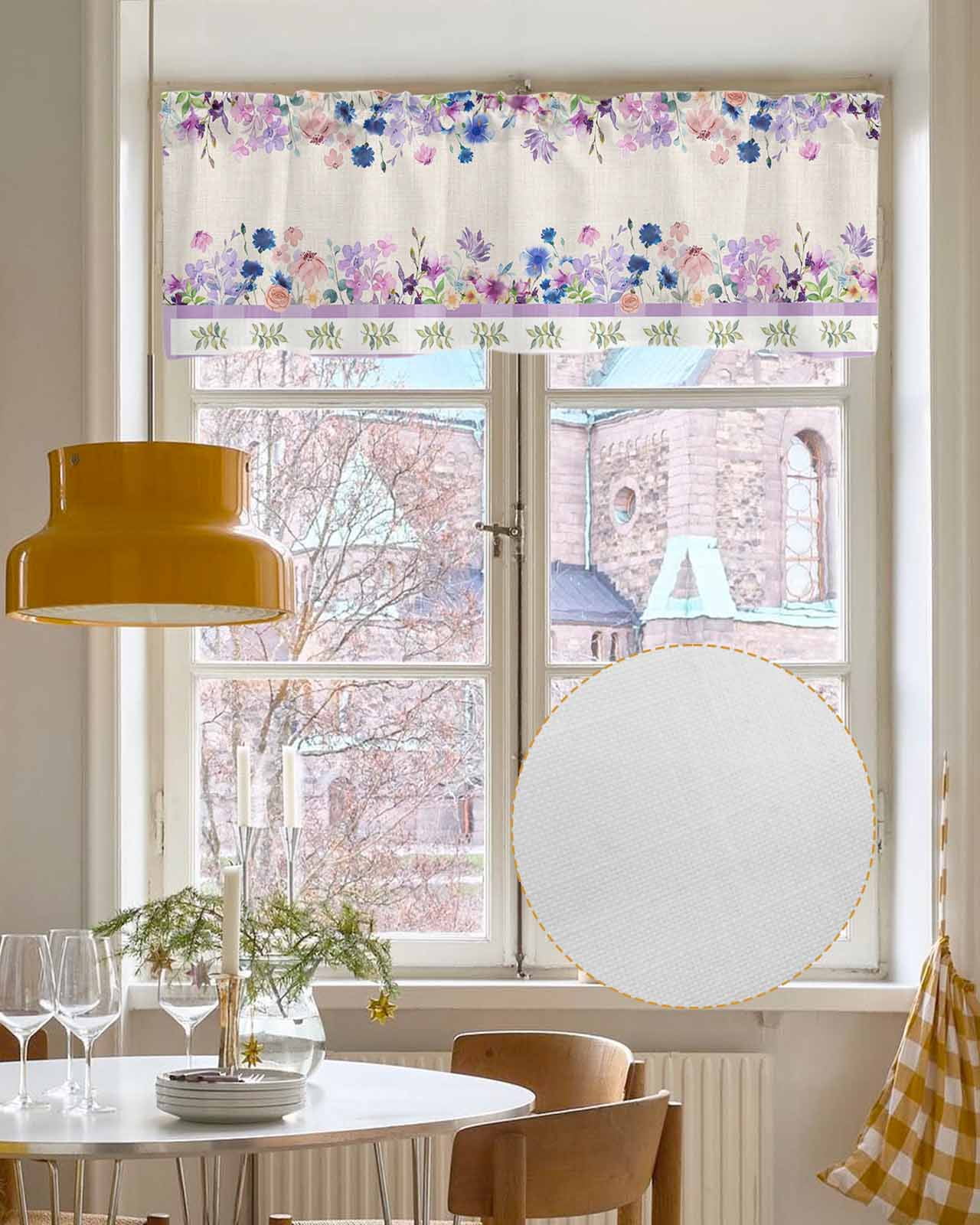 Purple Blue Flowers Linen Curtain Valance for Bedroom/Bathroom/Kitchen/Office/Living/Dining Room Window,Elegant Spring Floral Botanical Rustic Rod Pocket Topper Decorative Cafe Drapes Panel 54"x18"