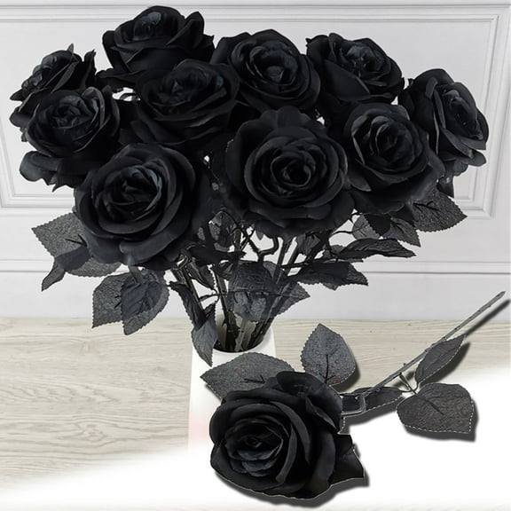 Cheers.US 10Pcs Artificial Black Roses Flowers, Single Stem Fake Silk Flowers Bridal Wedding Bouquet, Realistic Blossom Flora for Home Garden Party Hotel Office Decorations