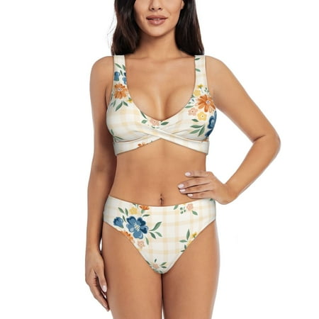 PAYOHTO Women s Cross Front Bikini Set with High Elasticity Soft Padding Farmhouse Flowers Plaid Bathing Suit Crop Top Swimsuit