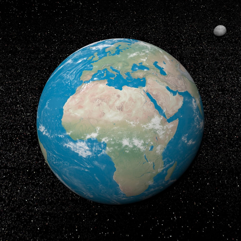 Planet Earth and moon surrounded with stars Canvas Art - Elena DuvernayStocktrek Images (29 x 29)