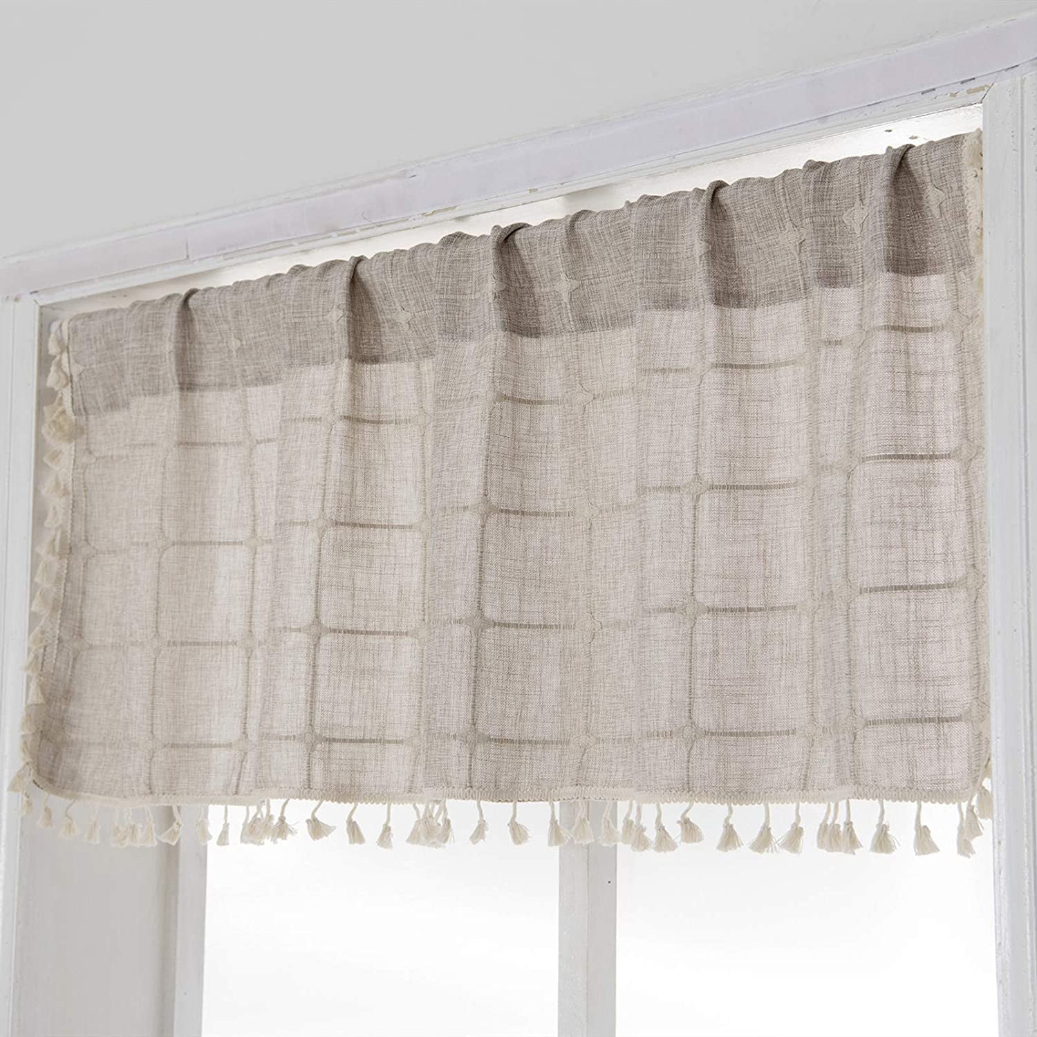 Modern Farmhouse Window Valance - Cotton Linen Blend Tassel Valance For Kitchen, Bathroom, Bedroom (60x90cm, Blue)