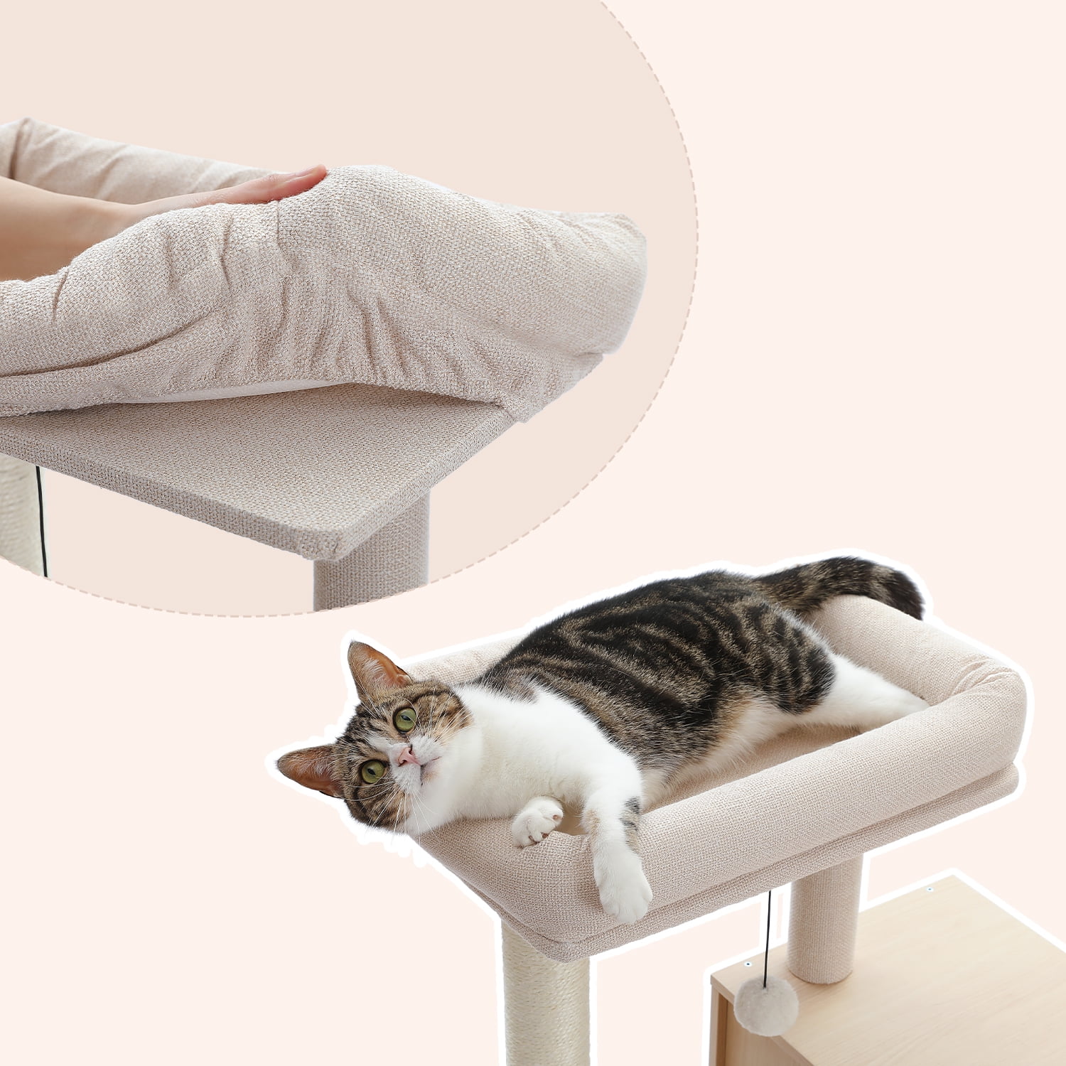 Pefilos 56" Cat Tree Tower for Indoor Cats, Modern Wood Cat Condo with Scratching Post for Large Cats Climbing, Multi-Level Cat Tree House, Beige