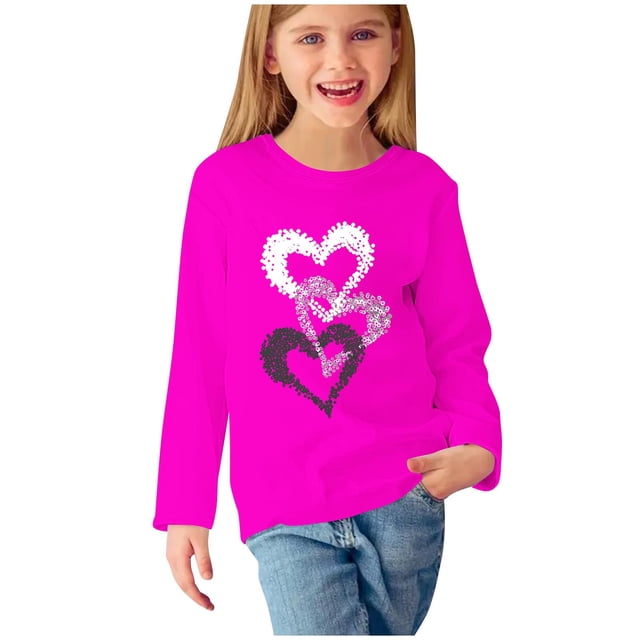 MeetoTime Hauts à Manches Longues pour Filles Col Rond Imprimé Saint-Valentin Tunique Habillée Pull pour Enfants