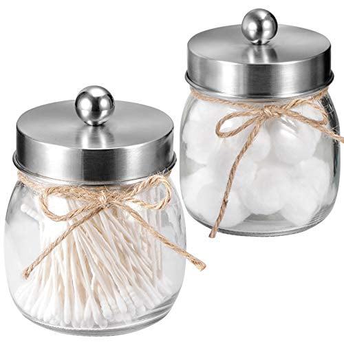 2-Pack Cotton Swab Q-Tips ANOTION Apothecary Jars with Lids Mason Jar Bathroom Accessory Set Farmhouse Decor Glass Rustic Vanity Storage Containers with Bamboo Lids for Cotton Ball Cotton Rounds 