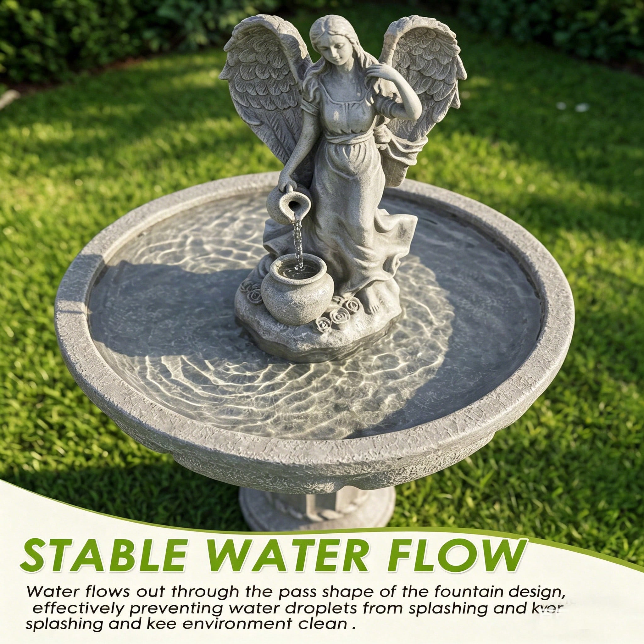37 Inch Angel Statue Pedestal Water Fountain, 2-Tier Resin Outdoor Waterfall Fountain, UV & Weather Resistant, Auto Water Shortage Shutoff, Stable Anti-Splash Design for Yard Lawn Decor