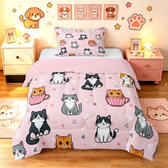 Manfei Kawaii Teacup Cat Twin Comforter Sets, Triangle Abstract Bedding Set, Pink, Pink Reversible, 2-Piece, 1 Comforter and 1 Pillowcase