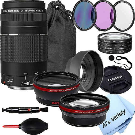Canon EF 75-300mm f/4-5.6 III Telephoto Zoom Lens with 2X Telephoto Lens, HD Wide Angle Lens, Filters and Accessories 19 Piece Bundle (International Version)