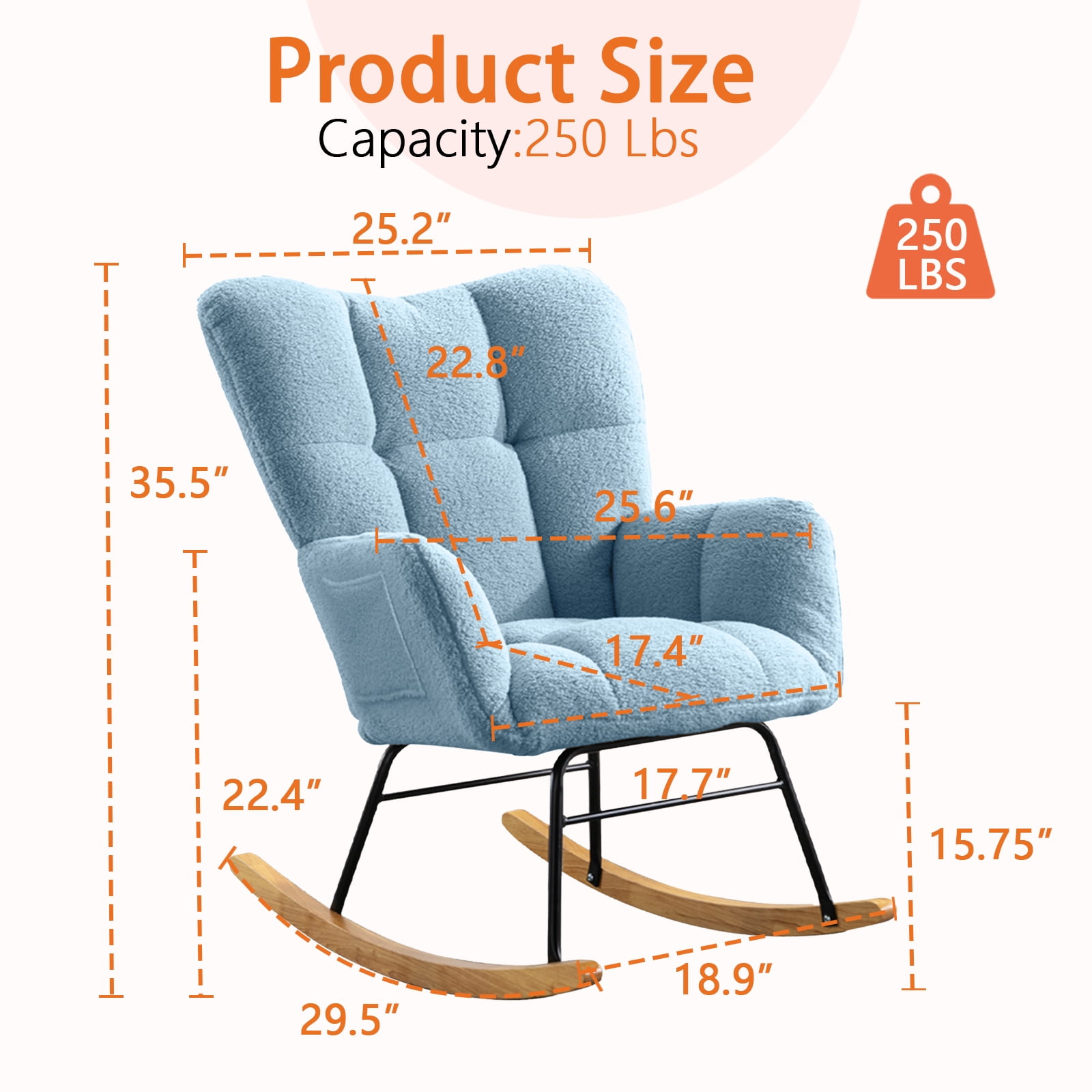 SENCHO GINSYTALIOR Nursery Rocking Chair Teddy Upholstered Glider Rocker,Rocking Accent Chair Padded Seat with High Backrest ,Solid Wood Legs for Nursery Bedroom Living Room(Blue）