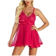YYDGH Plus Size Lingerie for Women Sexy Babydoll V Neck Lace Trim Chemise Sheer Mesh Nightdress Hot Pink S