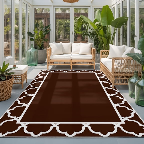 Chocolate Brown Washable Living Room Rugs 8'x10', Brown Morocco Printed Border Modern Rustic Washable Throw Large Area Rug Non-Slip Sturdy Edge Binding Carpet for Bedroom Dining Room Office