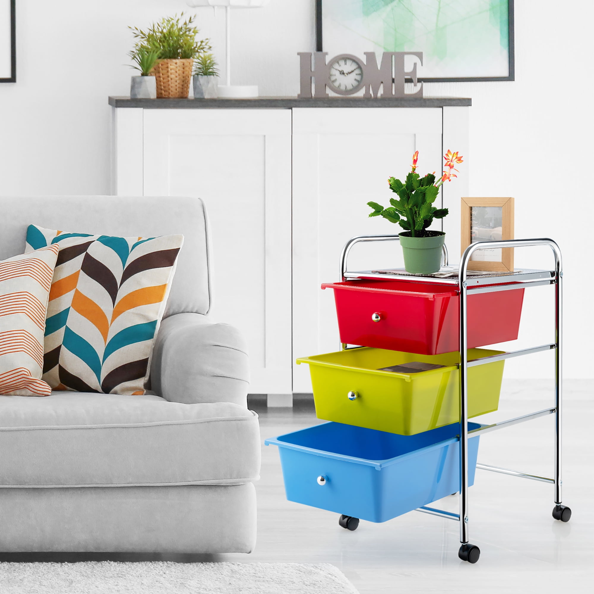 3-Drawer Cart Storage Bin Organizer Rolling w/Plastic Drawers Multicolor