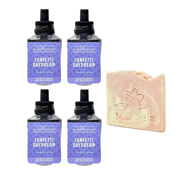 Bath & Body Works Confetti Daydream 4 Pack Wallflowers Fragrance Refills with a Marbela Himalayan Salts Springs Sample Soap
