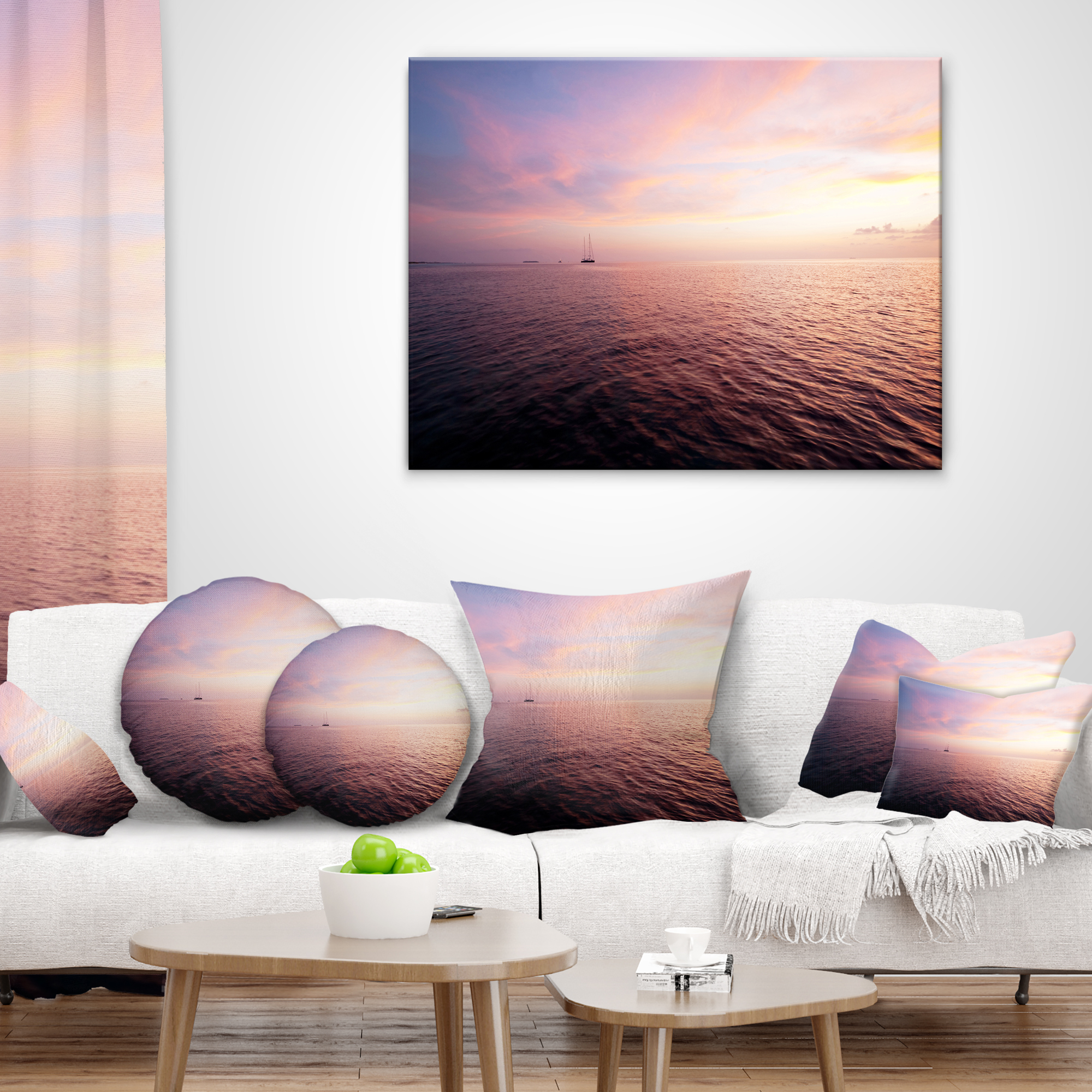 Designart Purple Cloudy Seascape View - Modern Beach Throw Pillow - 16x16