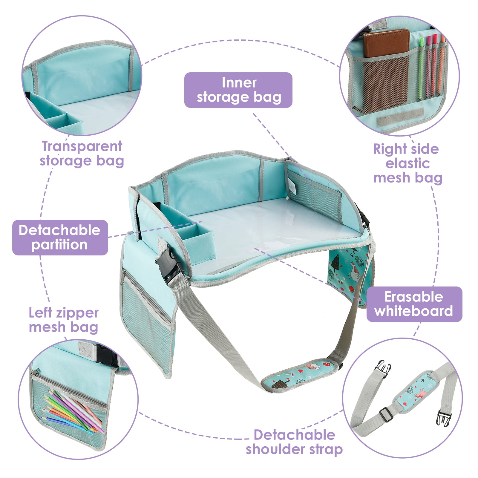 Carseat Table Tray for Kids Polyester Made Portable Drawing Board with Padded Shoulder Strap for Road Trip Activities