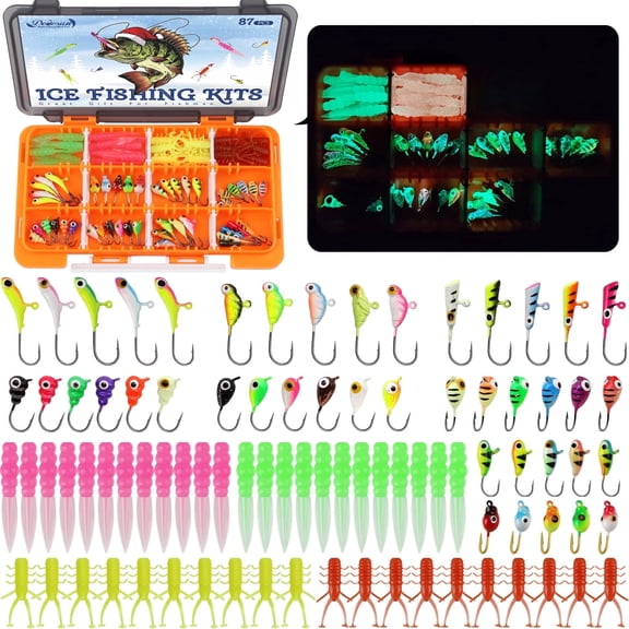 Ice Fishing Lure Kit 87PCS with Glow Jig Heads Soft Baits and Tackle Box for Crappie