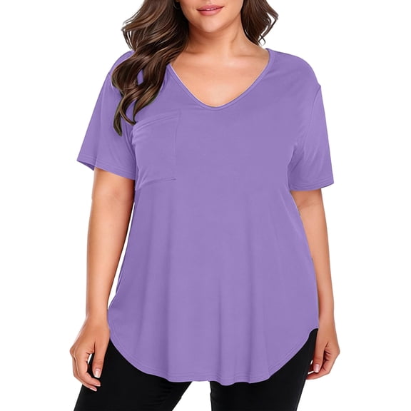 LWavelet Womens Plus Size V Neck Short Sleeve Top Pocket Summer Comfortable Daily Casual Loose Fit Blouse Purple L