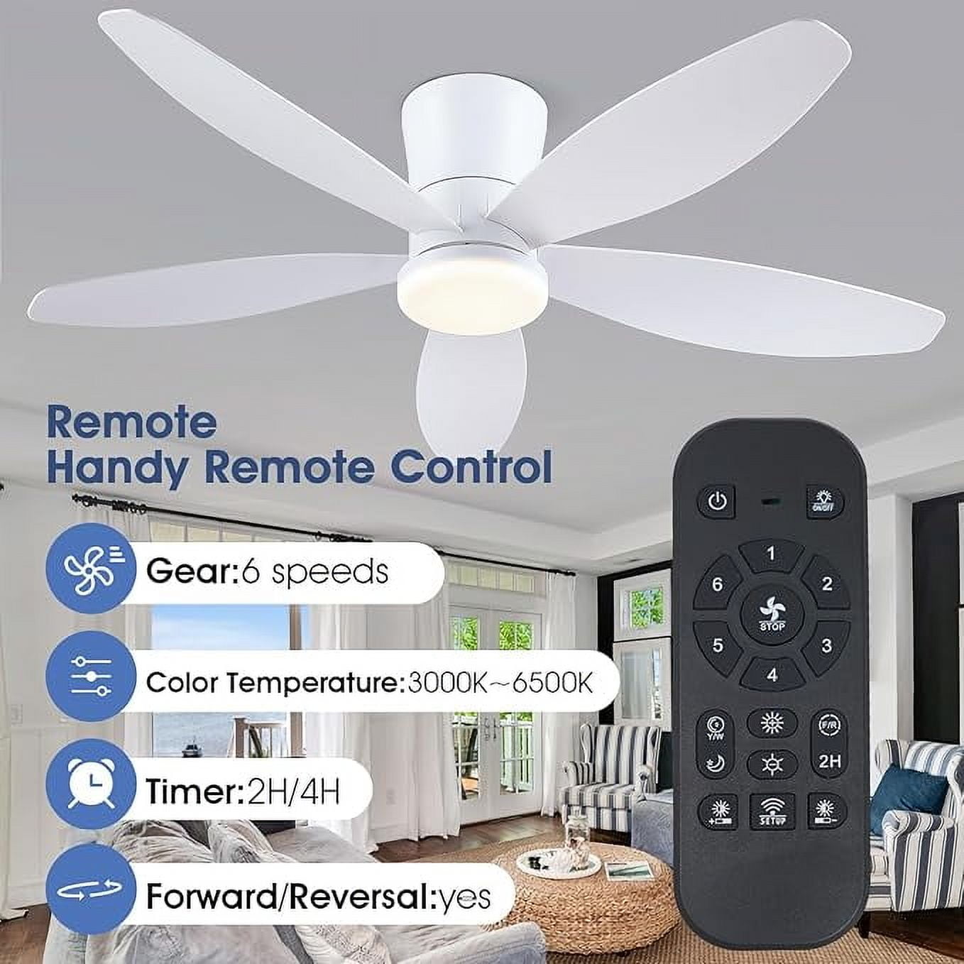 48" White Low Profile Ceiling Fan with Lights, Remote/APP Control, DC Reversible Motor, LED Dimmable Light, Flush Mount Ceiling Fan for Bedroom, Living Room, Indoor/Outdoor Patio Use