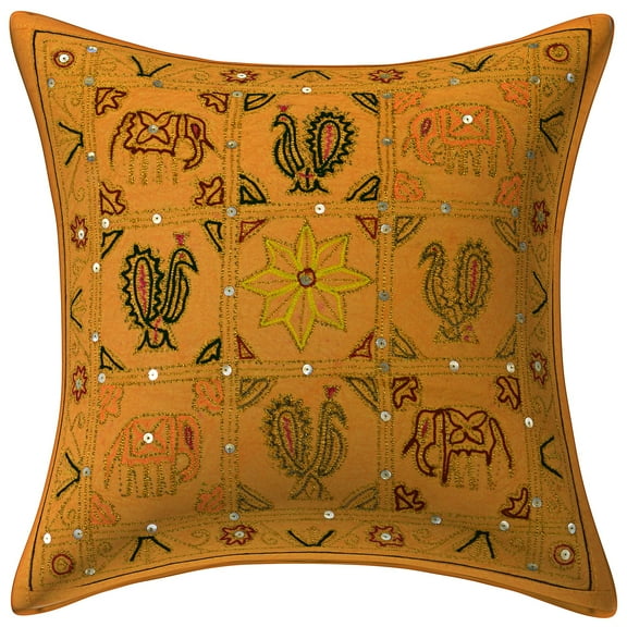Stylo Culture Ethnic Decorative Throw Pillow Cover 16x16 Sequins Gold Thread Embroidered Mango Yellow Indian 40cm x 40cm Home Decor Cotton Elephant Square Cushion Cover | 1 Pc