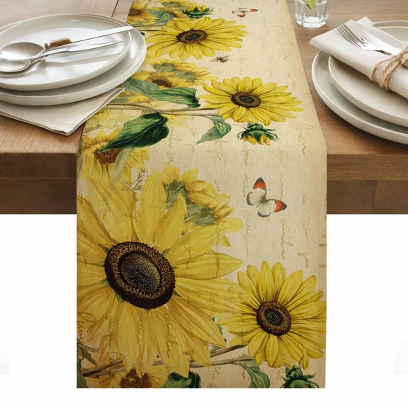 Sunflowers Table Runner - 90 Inch Long, Kitchen Dining Table Runner Dresser Scarves, Retro Spring Botanical Blossom Flowers Bees Farmhouse Decor for Coffee Tables Wedding Party Banquet