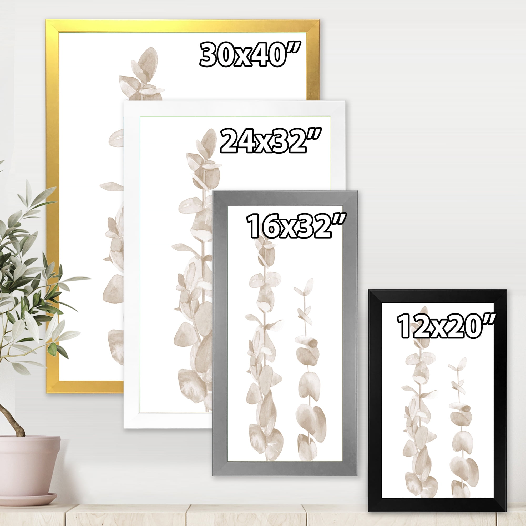 Designart 'Grey Eucalyptus Branches On White' Traditional Framed Art Print