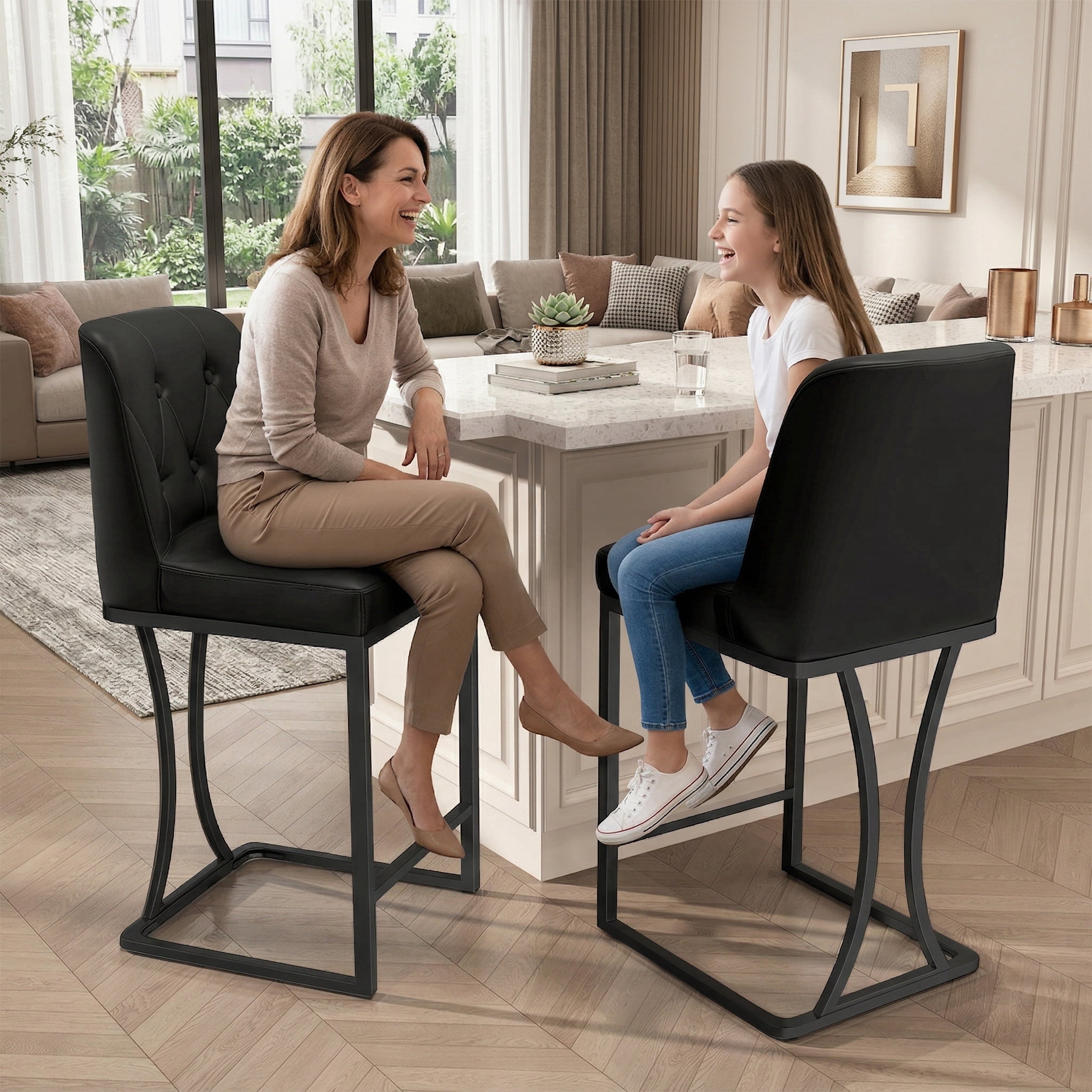 iooHug Set of 2 Black Bar Stools, 24" Counter Height Bar Stools, Faux Leather Bar Chairs with Back and Black Footrest, Modern Kitchen Island Stools for Dining Room or Bar Area