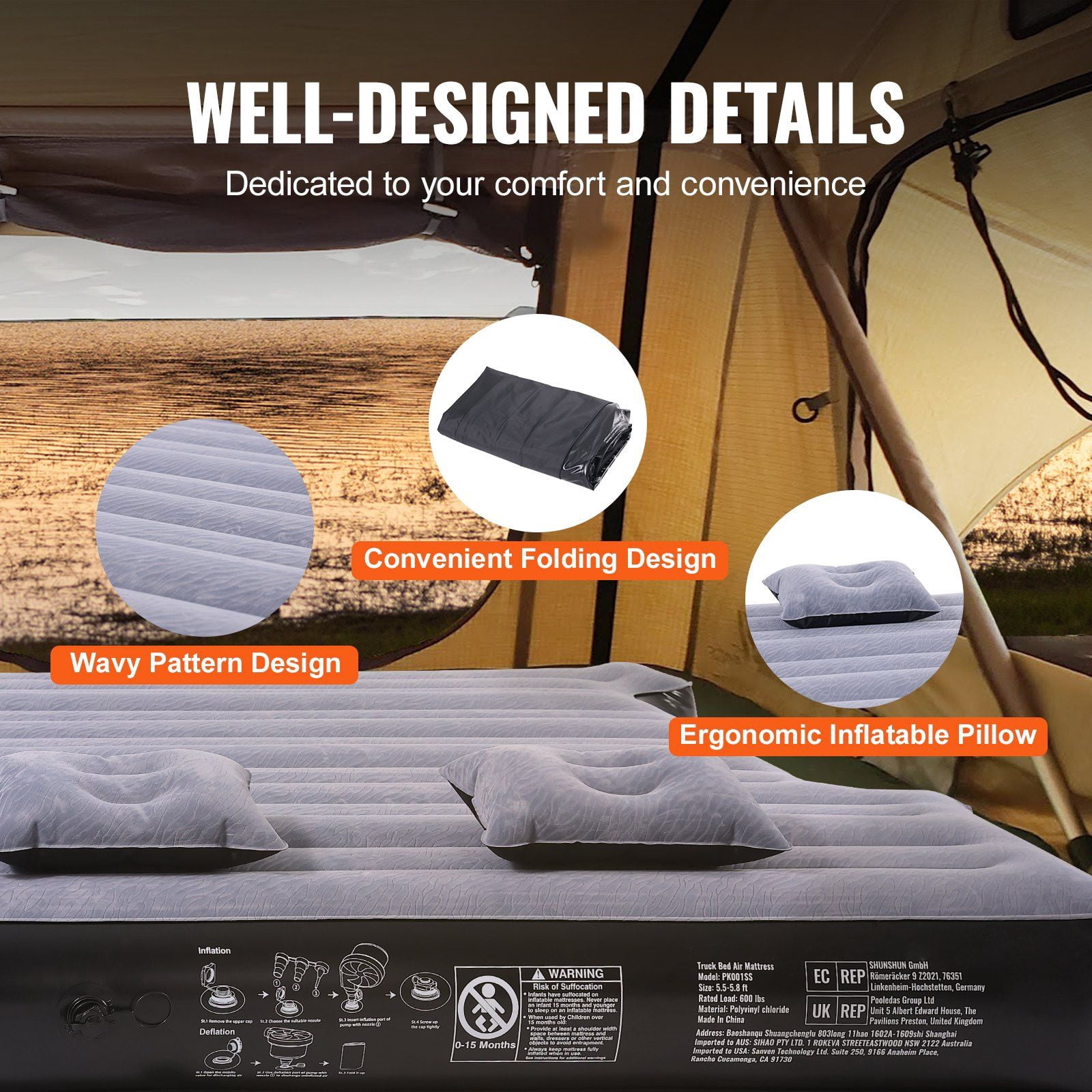 Truck Bed Air Mattress for 5.5-5.8 ft Short Beds, Full Size Inflatable Camping Mattress w/12V Pump, 2 Pillows & Bag, Fits RAM, F-150, Silverado, Tundra, Sierra, Titan – Portable Sleep Solution
