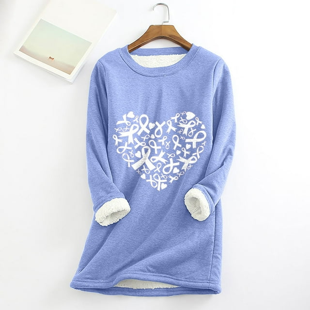 Jsaierl T-Shirts Cancer du Sein pour Femmes Ruban Cœur T-Shirts Graphiques Grande Taille Blouses Col Rond Doublure en Polaire Douce Chandail Raglan Manches Longues Hauts Thermiques